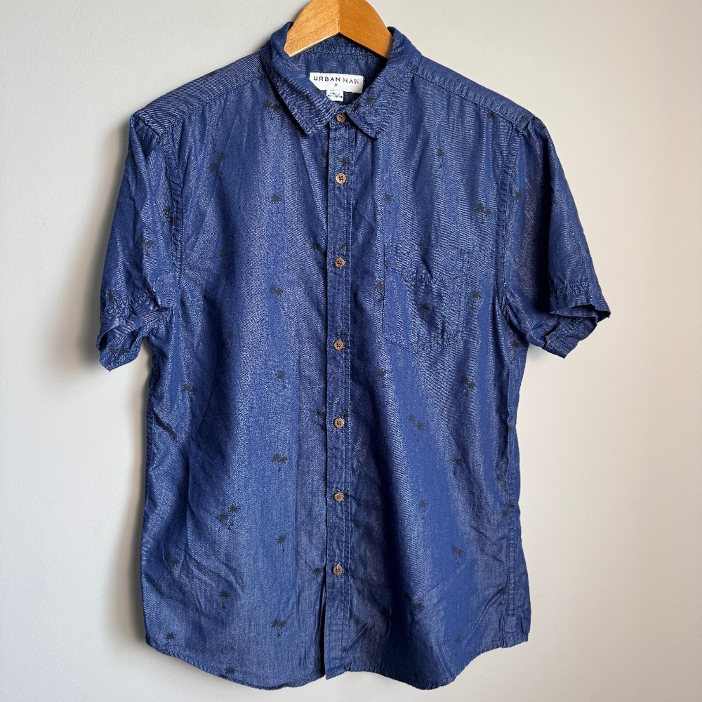 Urban Man Tropical Palm Men's Short Sleeve Cotton Blend Island Shirt‎ Navy M